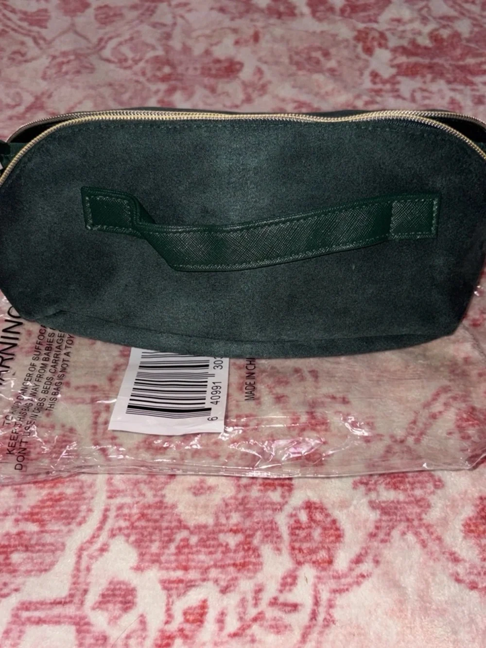 Dark Green Suede Cosmetic Pouch with Front Strap